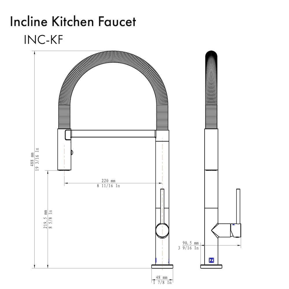 ZLINE Incline Kitchen Faucet with Color Options (INC-KF) dimensional diagram.