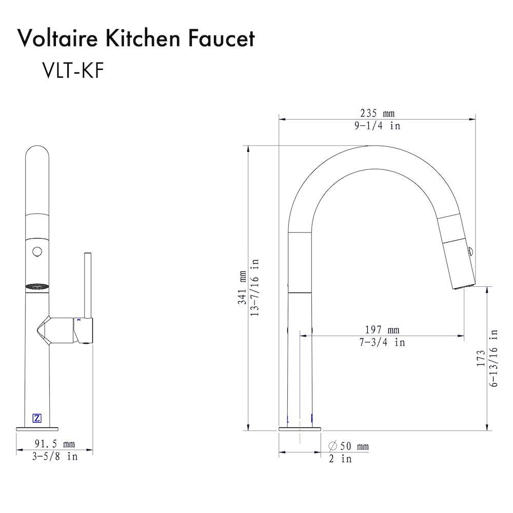 ZLINE Voltaire Kitchen Faucet (VLT-KF) dimensional diagram.