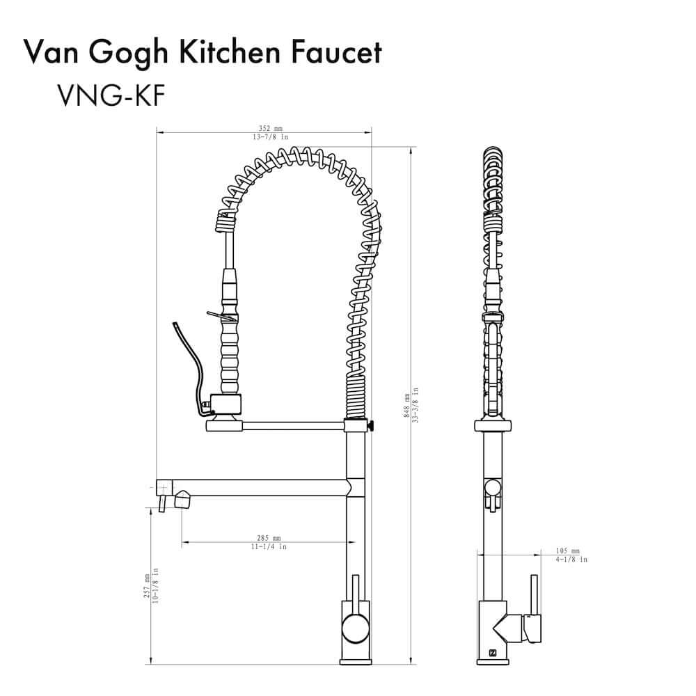 ZLINE Van Gogh Kitchen Faucet in Champagne Bronze (VNG-KF-CB) dimensional diagram.