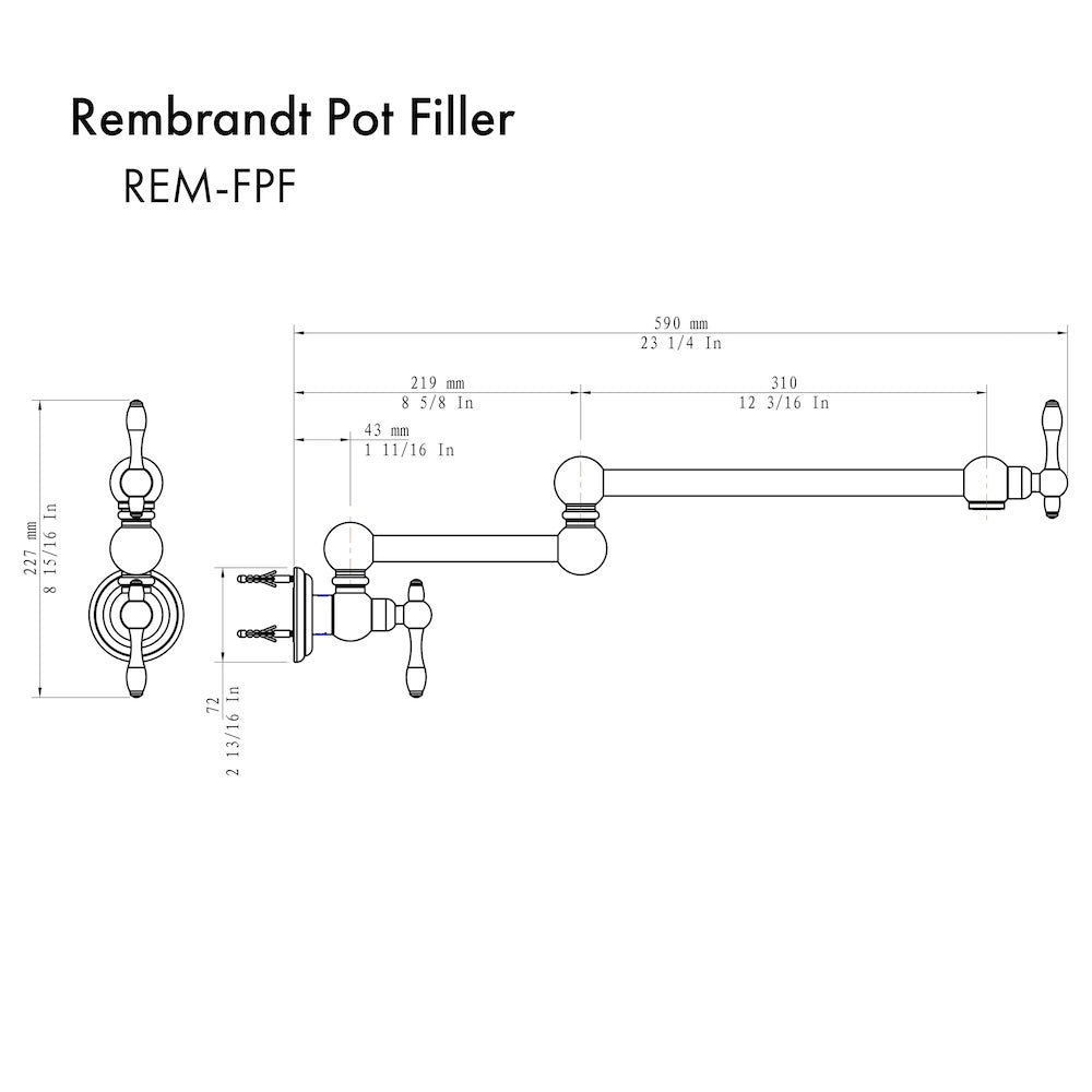 ZLINE Rembrandt Pot Filler with Color Options (REM-FPF) dimensional diagram.