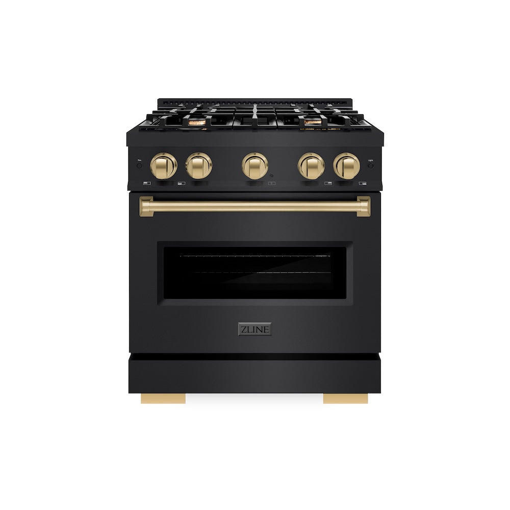 ZLINE Autograph Edition 30 in. 4.2 cu. ft. Classic Gas Range with 4 Burner Cooktop and Convection Gas Oven in Black Stainless Steel and Champagne Bronze Accents, Open Box-Great Condition