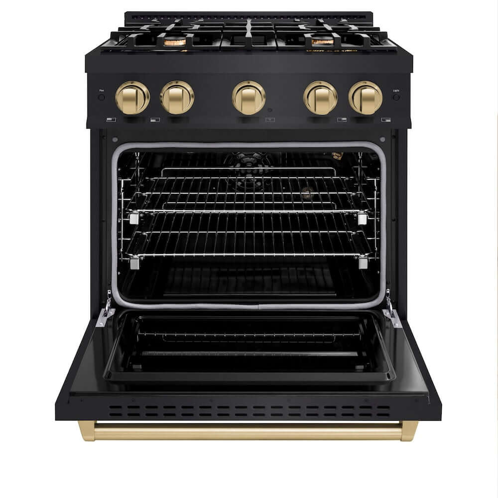 ZLINE Autograph Edition 30 in. 4.2 cu. ft. Classic Gas Range with 4 Burner Cooktop and Convection Gas Oven in Black Stainless Steel and Champagne Bronze Accents, Open Box-Good Condition
