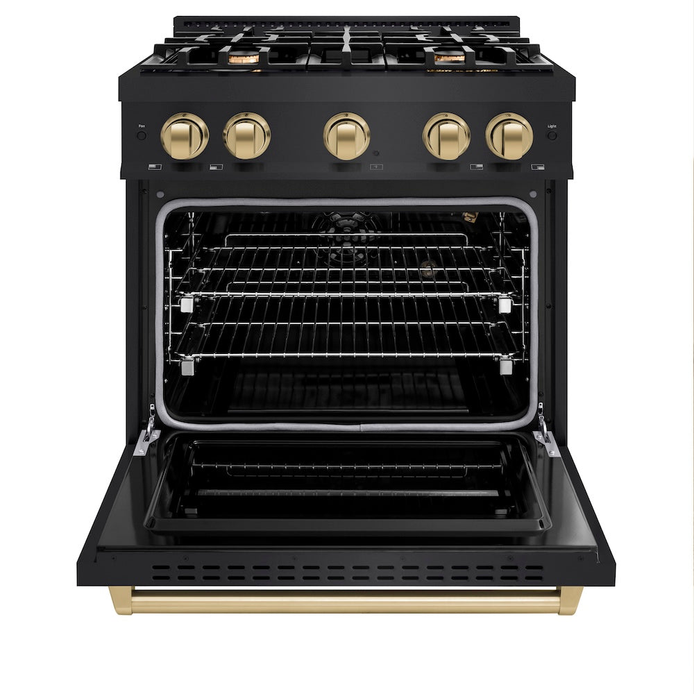 ZLINE Autograph Edition 30 in. 4.2 cu. ft. Classic Gas Range with 4 Burner Cooktop and Convection Gas Oven in Black Stainless Steel and Champagne Bronze Accents, Open Box-Great Condition