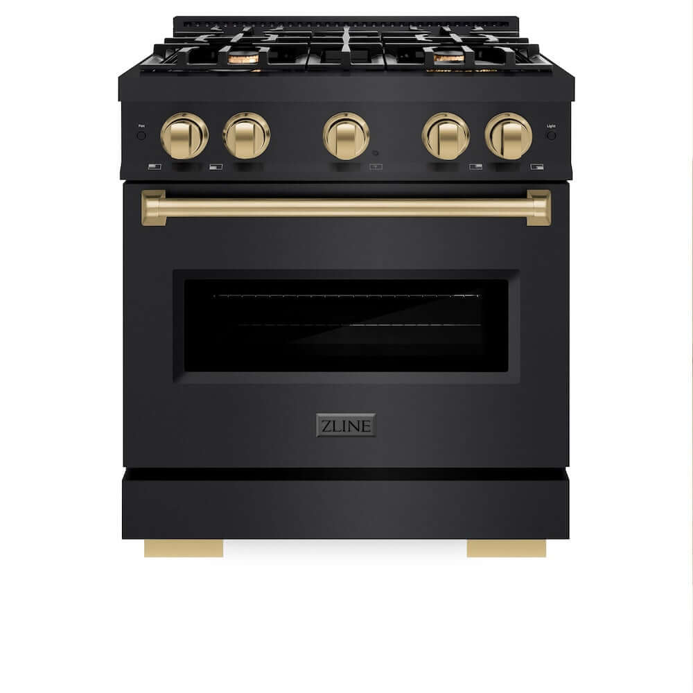 ZLINE Autograph Edition 30 in. 4.2 cu. ft. Classic Gas Range with 4 Burner Cooktop and Convection Gas Oven in Black Stainless Steel and Champagne Bronze Accents (CGRBZ-30-CB) front, oven closed.