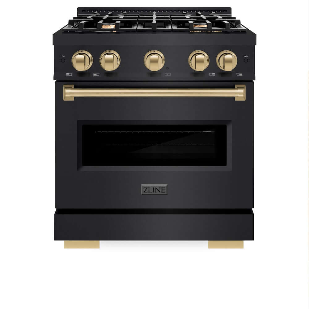 ZLINE Autograph Edition 30 in. 4.2 cu. ft. Classic Gas Range with 4 Burner Cooktop and Convection Gas Oven in Black Stainless Steel and Champagne Bronze Accents, Open Box-Good Condition