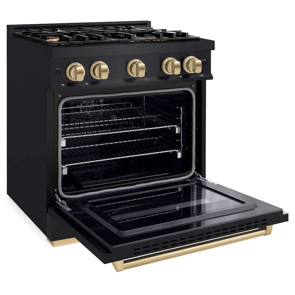 ZLINE Autograph Edition 30 in. 4.2 cu. ft. Classic Gas Range with 4 Burner Cooktop and Convection Gas Oven in Black Stainless Steel and Champagne Bronze Accents, Open Box-Good Condition