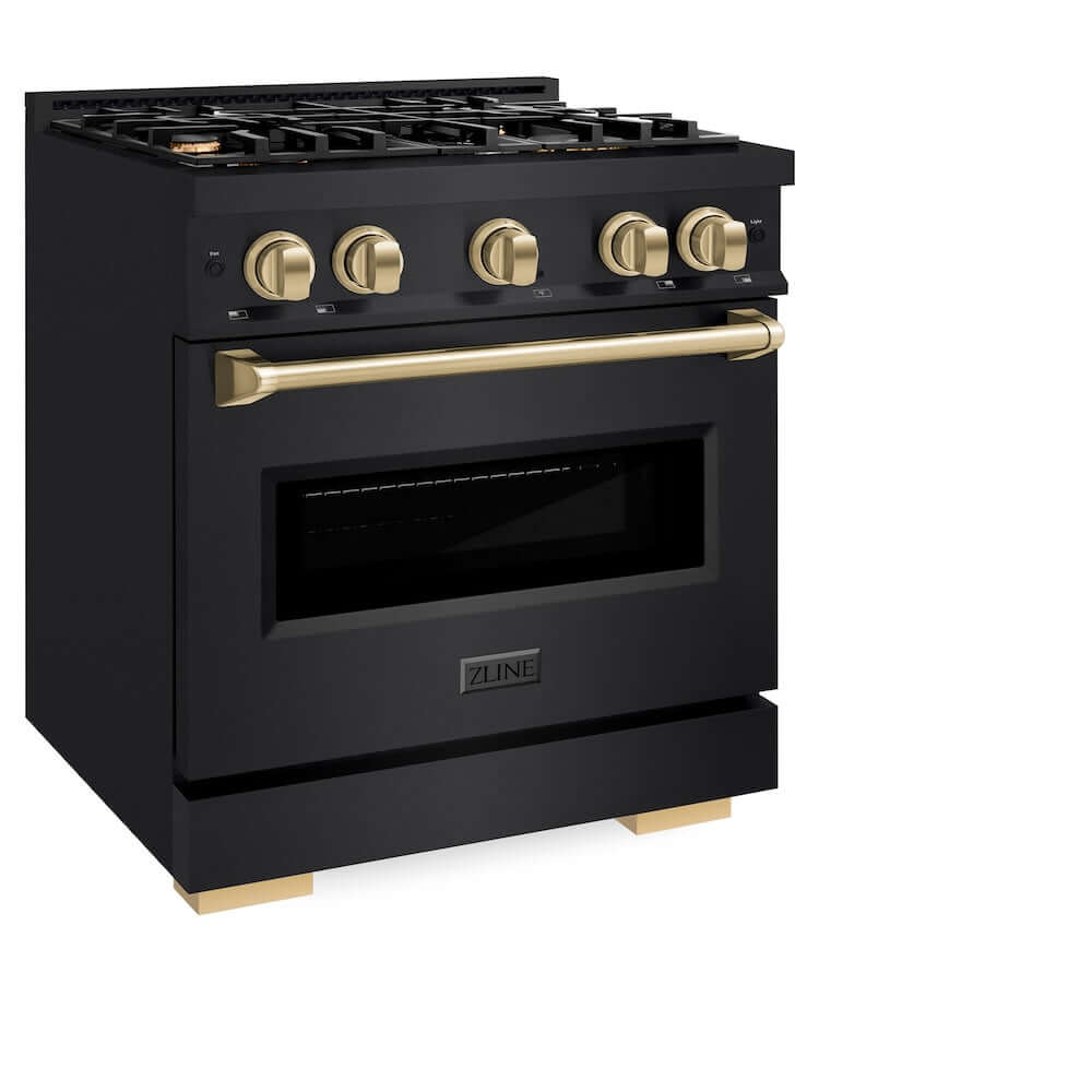 ZLINE Autograph Edition 30 in. 4.2 cu. ft. Classic Gas Range with 4 Burner Cooktop and Convection Gas Oven in Black Stainless Steel and Champagne Bronze Accents (CGRBZ-30-CB) side, oven closed.