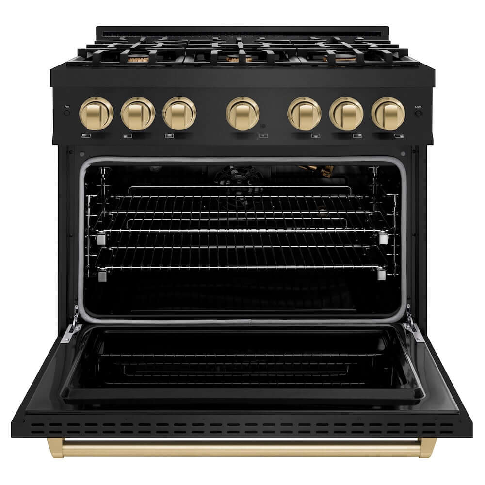 ZLINE Autograph Edition 36 in. 5.2 cu. ft. Classic Gas Range with 6 Burner Cooktop and Convection Gas Oven in Black Stainless Steel and Champagne Bronze Accents, Open Box-Good Condition