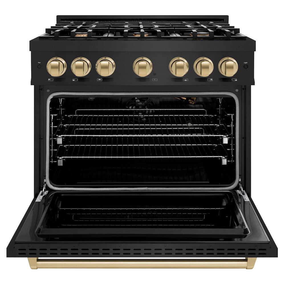 ZLINE Autograph Edition 36 in. 5.2 cu. ft. Classic Gas Range with 6 Burner Cooktop and Convection Gas Oven in Black Stainless Steel and Champagne Bronze Accents, Open Box-Great Condition