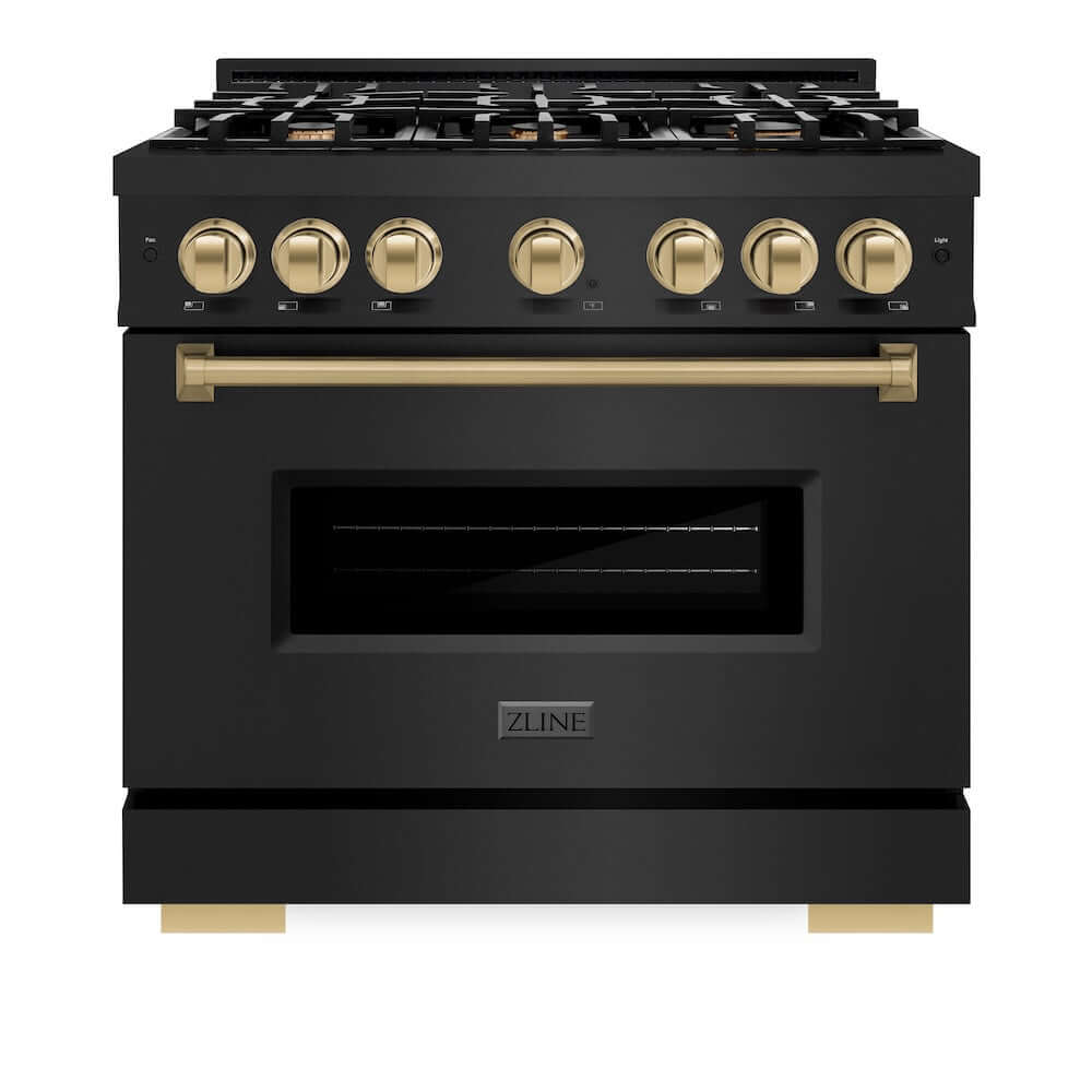ZLINE Autograph Edition 36 in. 5.2 cu. ft. Classic Gas Range with 6 Burner Cooktop and Convection Gas Oven in Black Stainless Steel and Champagne Bronze Accents, Open Box-Good Condition