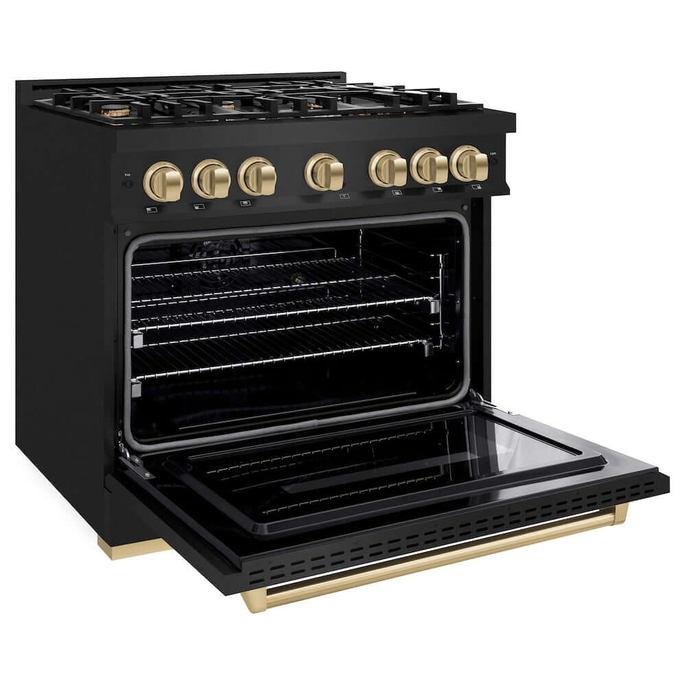 ZLINE Autograph Edition 36 in. 5.2 cu. ft. Classic Gas Range with 6 Burner Cooktop and Convection Gas Oven in Black Stainless Steel and Champagne Bronze Accents, Open Box-Good Condition
