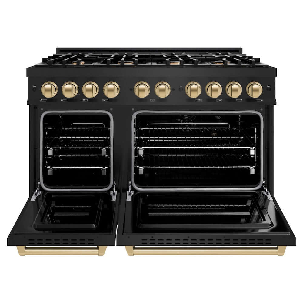ZLINE Autograph Edition 48 in. 6.7 cu. ft. Classic Double Oven Gas Range with 8 Burner Cooktop in Black Stainless Steel and Champagne Bronze Accents, Open Box-Good Condition