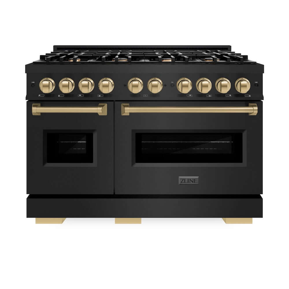 ZLINE Autograph Edition 48 in. 6.7 cu. ft. Classic Double Oven Gas Range with 8 Burner Cooktop in Black Stainless Steel and Champagne Bronze Accents, Open Box-Good Condition