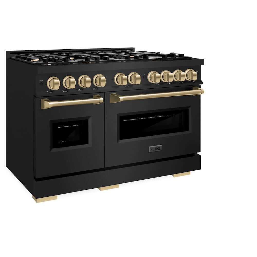 ZLINE Autograph Edition 48 in. 6.7 cu. ft. Classic Double Oven Gas Range with 8 Burner Cooktop in Black Stainless Steel and Champagne Bronze Accents, Open Box-Good Condition