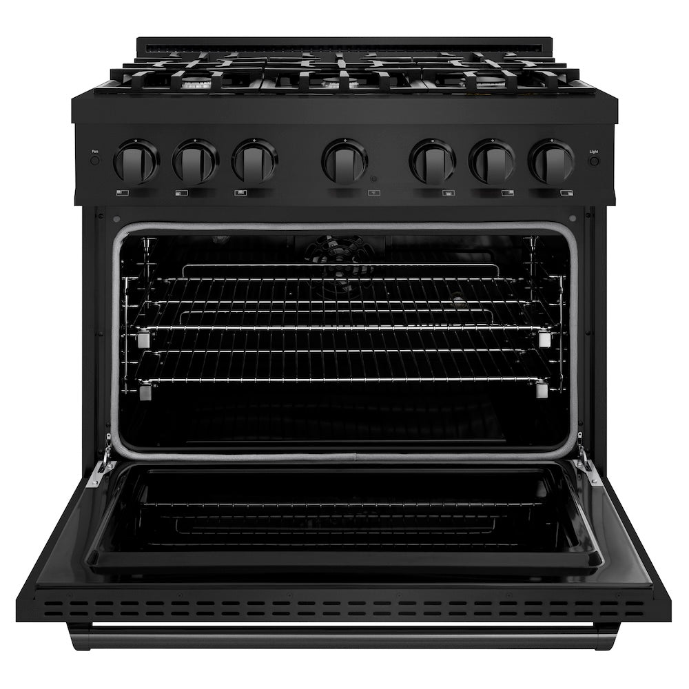 ZLINE 36 in. 5.2 cu. ft. Classic Dual Fuel Range with 6 Burner Gas Cooktop and Electric Convection Oven in Black Stainless Steel (CDRB-36) front, oven open.