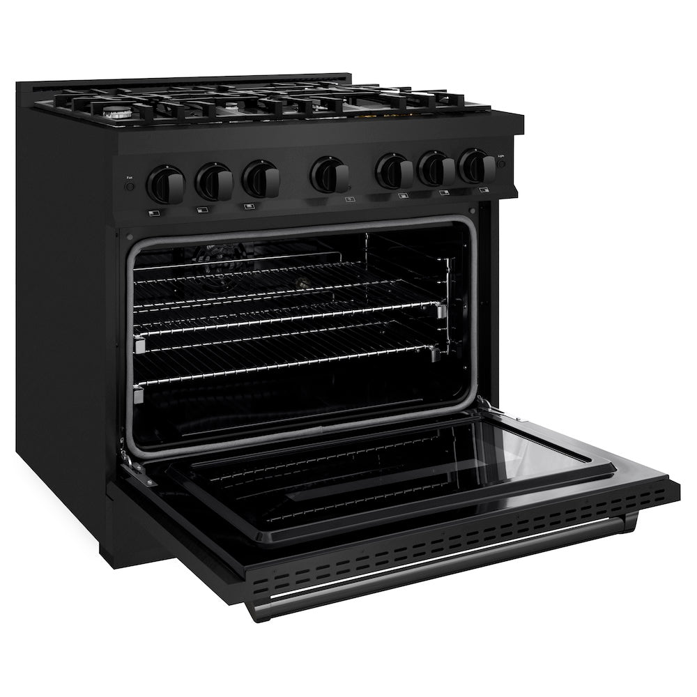 ZLINE 36 in. 5.2 cu. ft. Classic Dual Fuel Range with 6 Burner Gas Cooktop and Electric Convection Oven in Black Stainless Steel (CDRB-36) side, oven open.