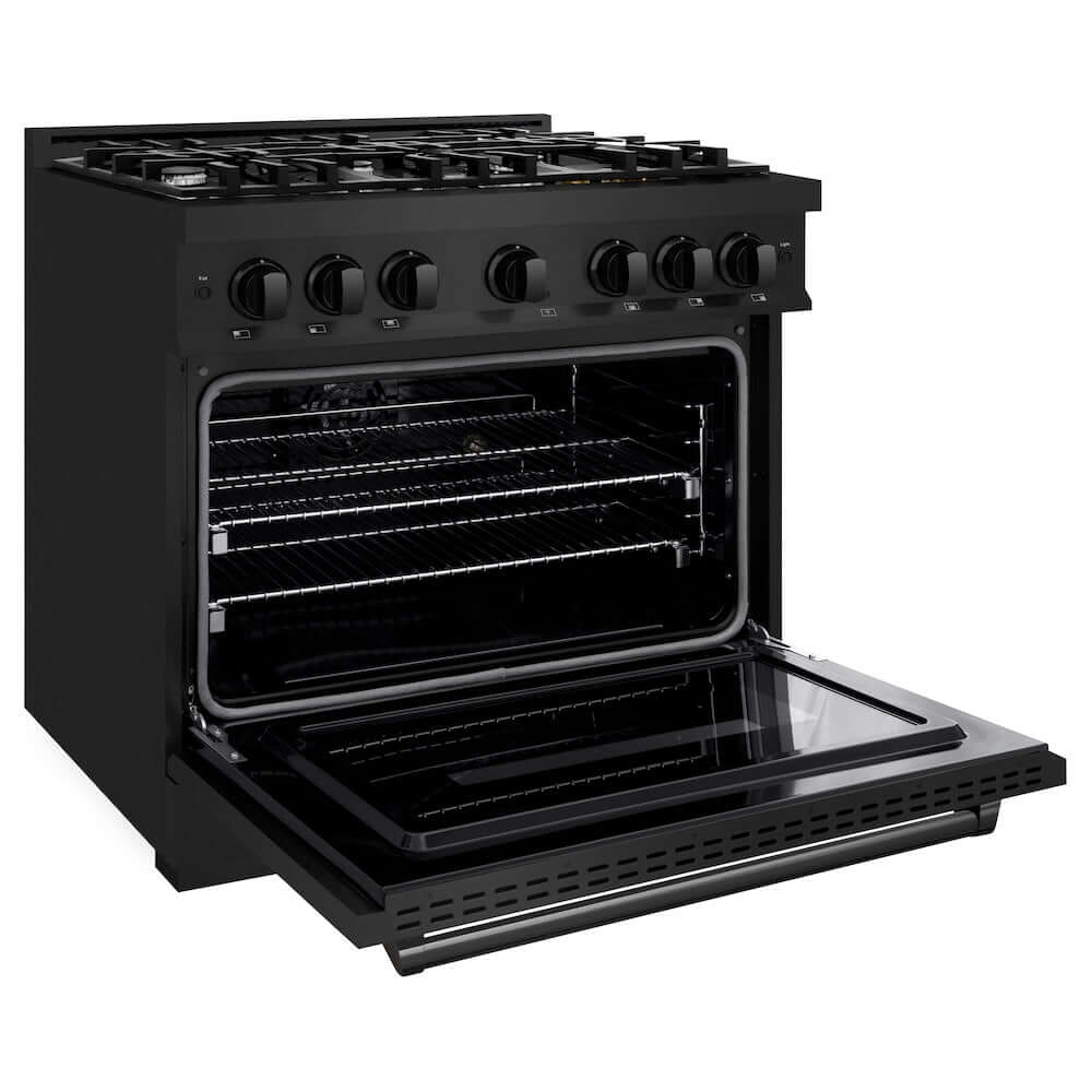 ZLINE 36 in. 5.2 cu. ft. Classic Dual Fuel Range with 6 Burner Gas Cooktop and Electric Convection Oven in Black Stainless Steel (CDRB-36) side, open.