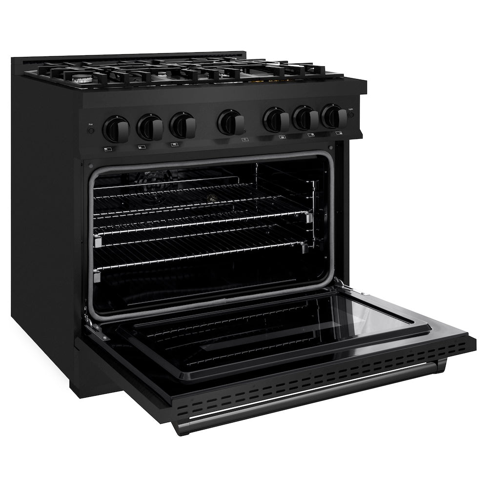 ZLINE 36 in. 5.2 cu. ft. Classic Dual Fuel Range with 6 Burner Gas Cooktop and Electric Convection Oven in Black Stainless Steel, Open Box-Good Condition