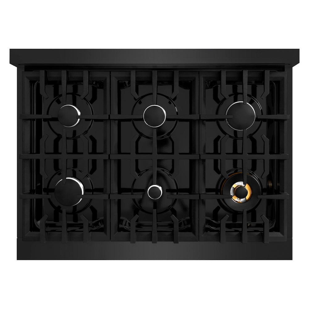 ZLINE 36 in. 5.2 cu. ft. Classic Dual Fuel Range with 6 Burner Gas Cooktop and Electric Convection Oven in Black Stainless Steel (CDRB-36) top-down, above cooktop.