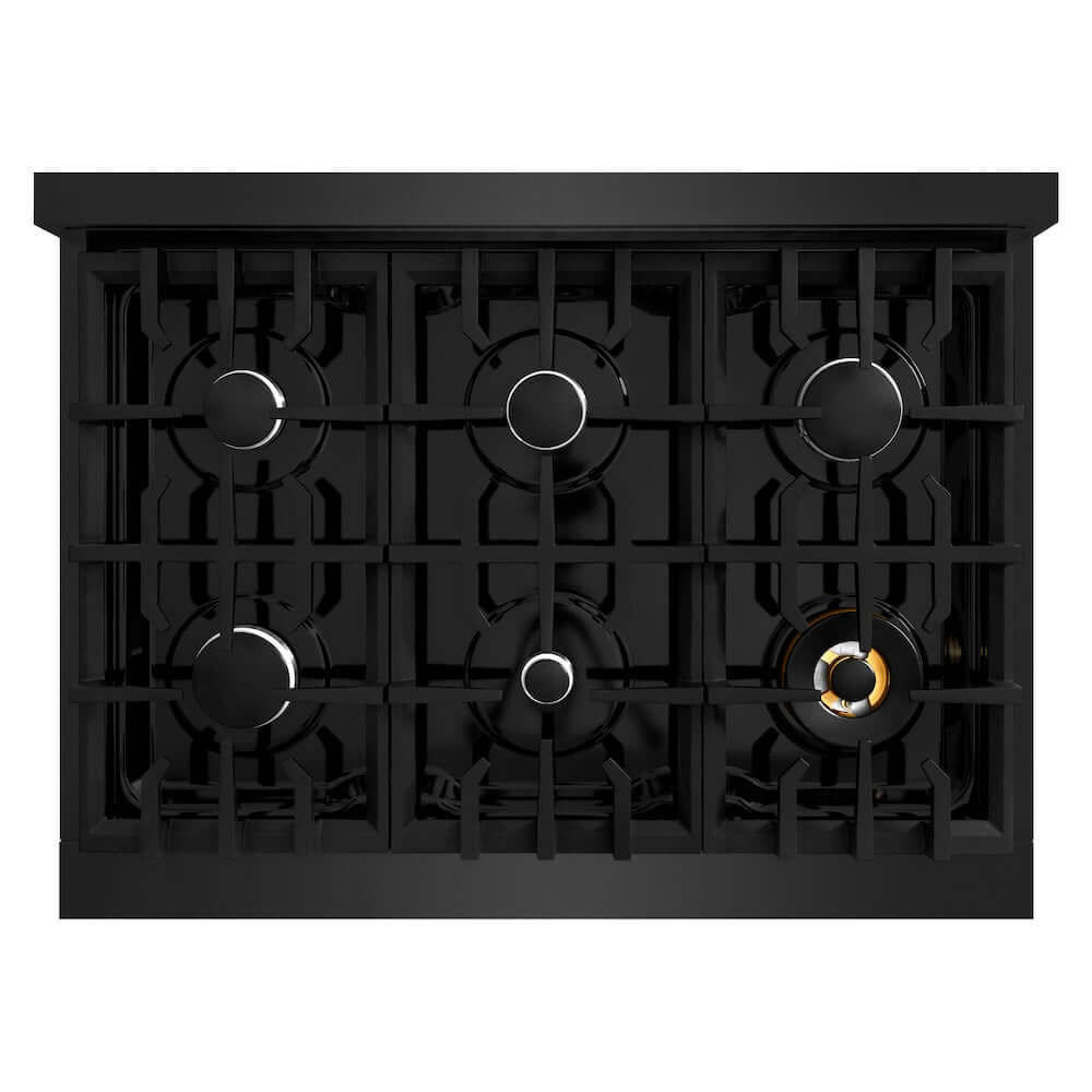 ZLINE 36 in. 5.2 cu. ft. Classic Dual Fuel Range with 6 Burner Gas Cooktop and Electric Convection Oven in Black Stainless Steel (CDRB-36) top-down, above cooktop.