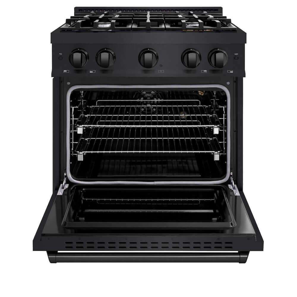 ZLINE 30 in. 4.2 cu. ft. Classic Gas Range with 4 Burner Cooktop and Convection Gas Oven in Black Stainless Steel (CGRB-30) front, oven open.