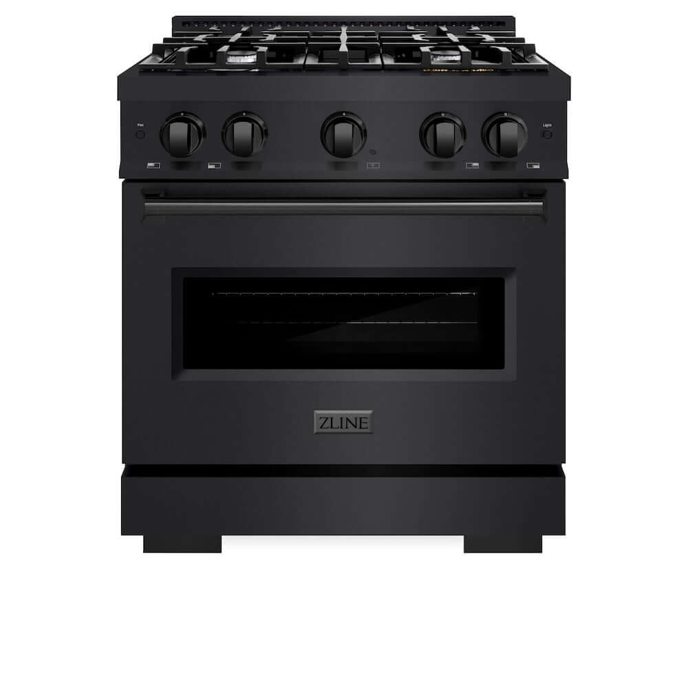 ZLINE 30 in. 4.2 cu. ft. Classic Gas Range with 4 Burner Cooktop and Convection Gas Oven in Black Stainless Steel (CGRB-30) front, oven closed.