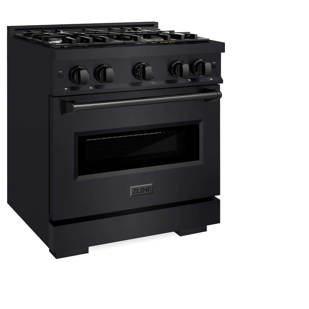 ZLINE 30 in. 4.2 cu. ft. Classic Gas Range with 4 Burner Cooktop and Convection Gas Oven in Black Stainless Steel (CGRB-30) side, oven closed.