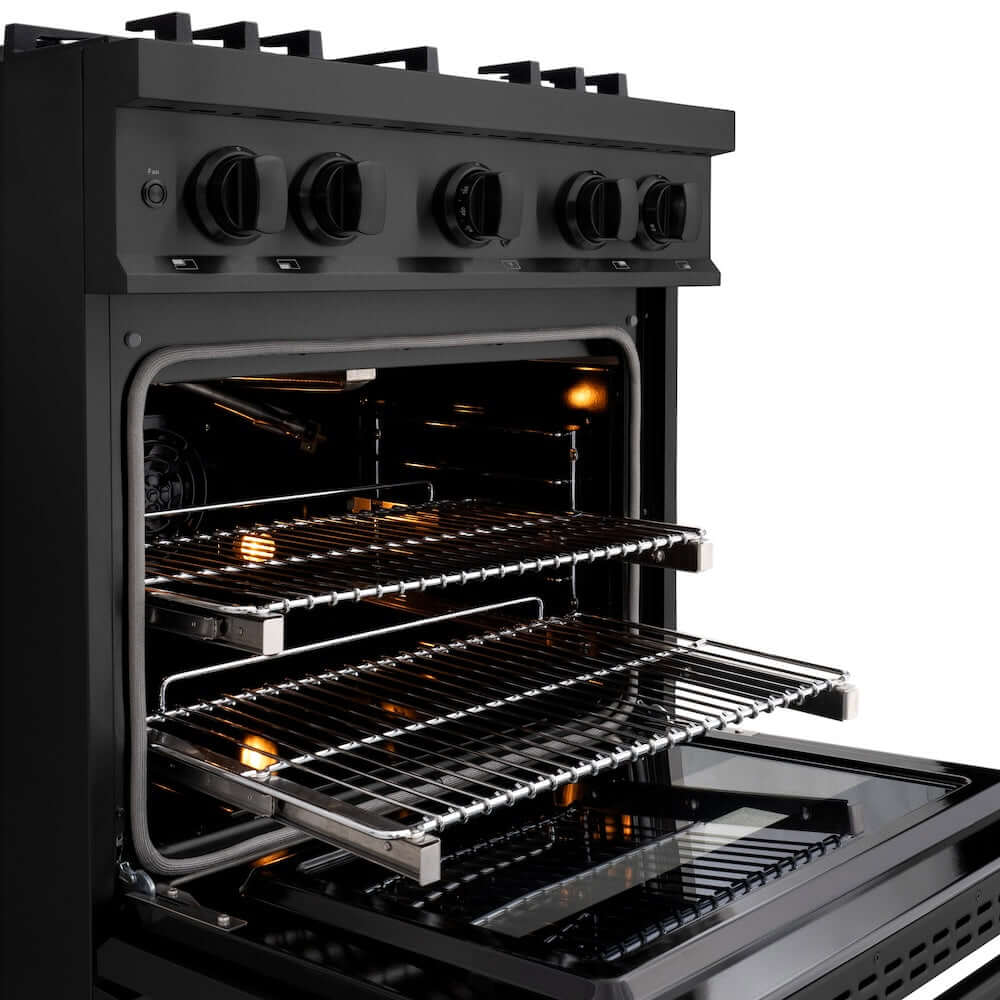 ZLINE 30 in. 4.2 cu. ft. Classic Gas Range with 4 Burner Cooktop and Convection Gas Oven in Black Stainless Steel (CGRB-30) close-up, oven open with racks extended.