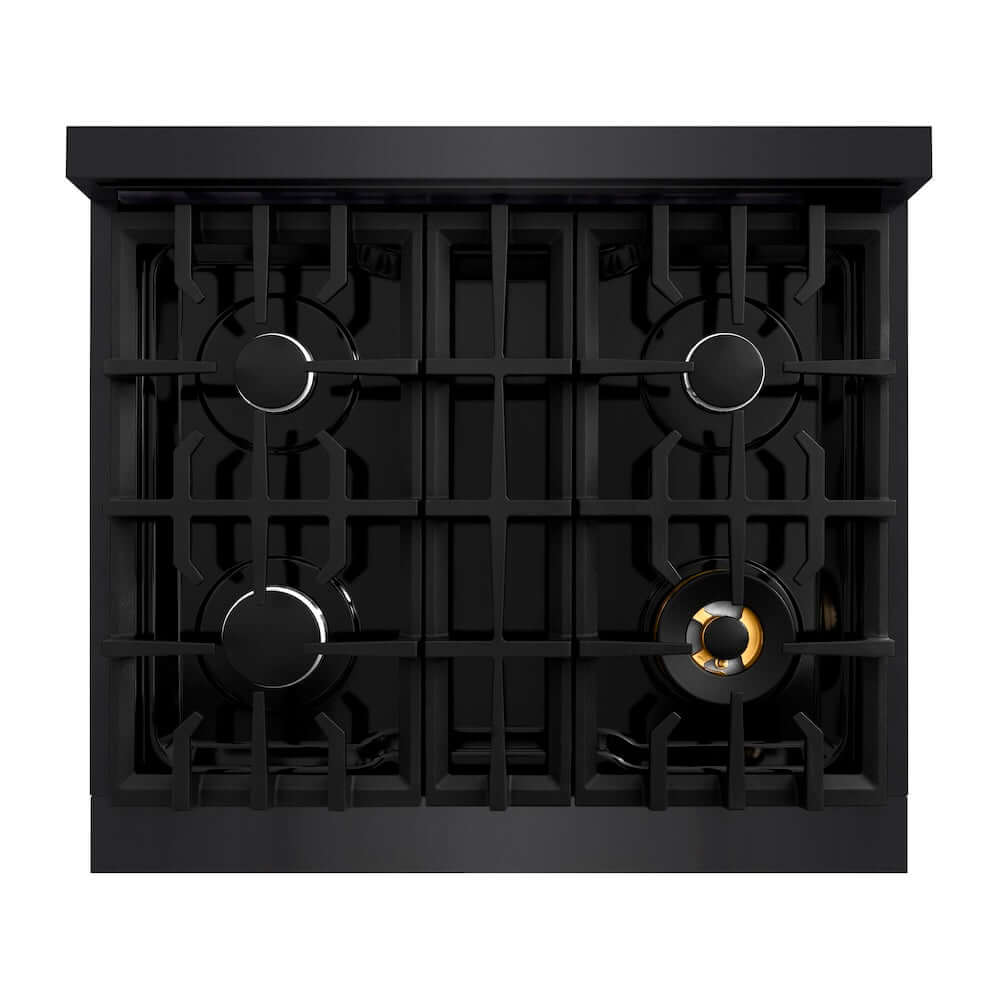 ZLINE 30 in. 4.2 cu. ft. Classic Gas Range with 4 Burner Cooktop and Convection Gas Oven in Black Stainless Steel (CGRB-30) top-down, above cooktop.