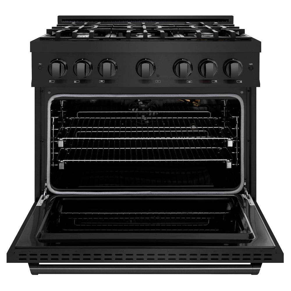 ZLINE 36 in. 5.2 cu. ft. Classic Gas Range with 6 Burner Cooktop and Convection Gas Oven in Black Stainless Steel (CGRB-36) front, oven open.