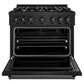 ZLINE 36 in. 5.2 cu. ft. Classic Gas Range with 6 Burner Cooktop and Convection Gas Oven in Black Stainless Steel (CGRB-36) front, oven open.