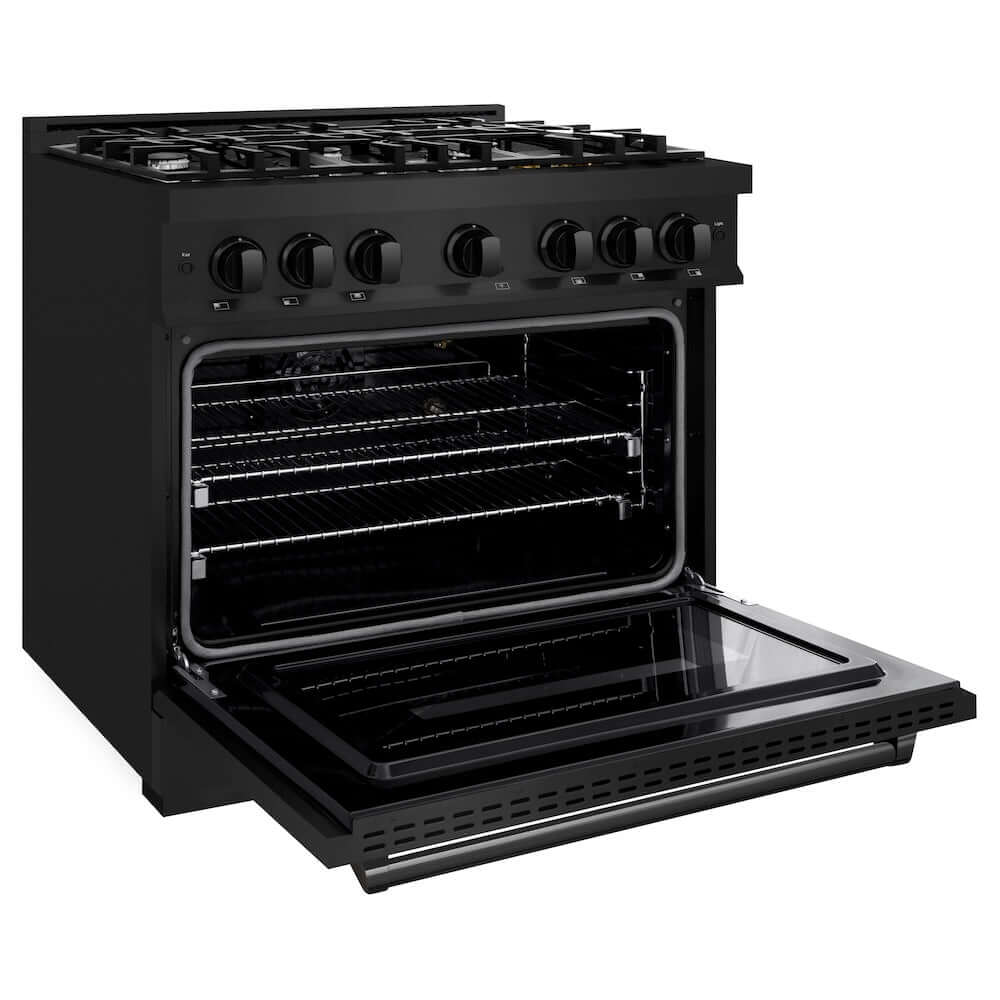 ZLINE 36 in. 5.2 cu. ft. Classic Gas Range with 6 Burner Cooktop and Convection Gas Oven in Black Stainless Steel (CGRB-36) side, open.