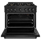 ZLINE 36 in. 5.2 cu. ft. Classic Gas Range with Convection Gas Oven in Black Stainless Steel with 6 Brass Burners (CGRB-BR-36) front, oven open.