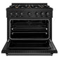 ZLINE 36 in. 5.2 cu. ft. Classic Dual Fuel Range with Gas Cooktop and Electric Convection Oven in Black Stainless Steel with 6 Brass Burners (CDRB-BR-36) front, oven open.