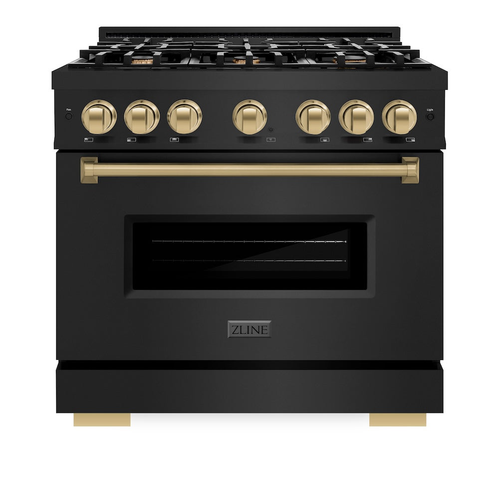 ZLINE Autograph Edition 36 in. 5.2 cu. ft. Classic Gas Range with 6 Burner Cooktop and Convection Gas Oven in Black Stainless Steel and Champagne Bronze Accents (CGRBZ-36-CB)