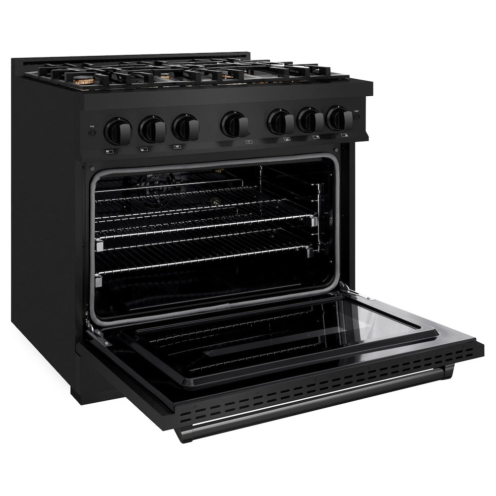 ZLINE 36 in. 5.2 cu. ft. Classic Gas Range with Convection Gas Oven in Black Stainless Steel with 6 Brass Burners (CGRB-BR-36) side, oven open.