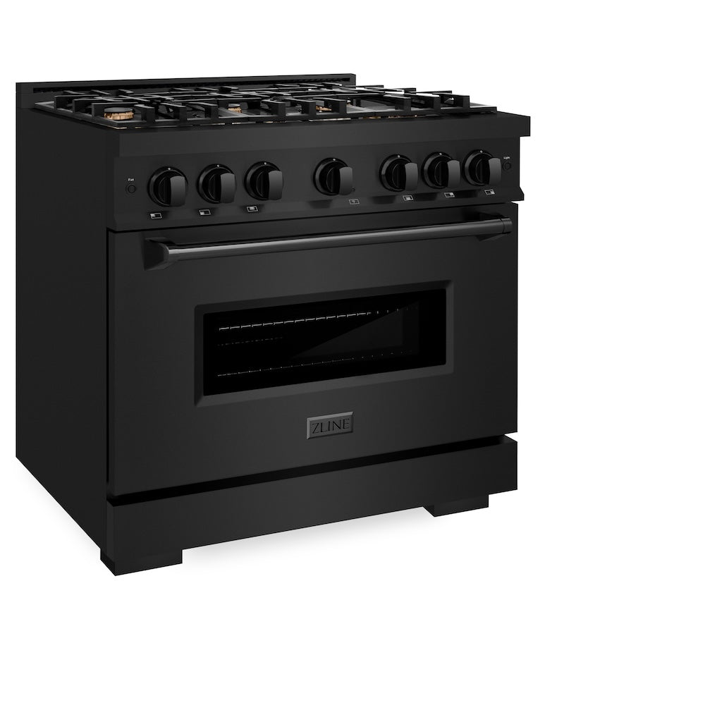 ZLINE 36 in. 5.2 cu. ft. Classic Dual Fuel Range with Gas Cooktop and Electric Convection Oven in Black Stainless Steel with 6 Brass Burners (CDRB-BR-36) side, oven closed.