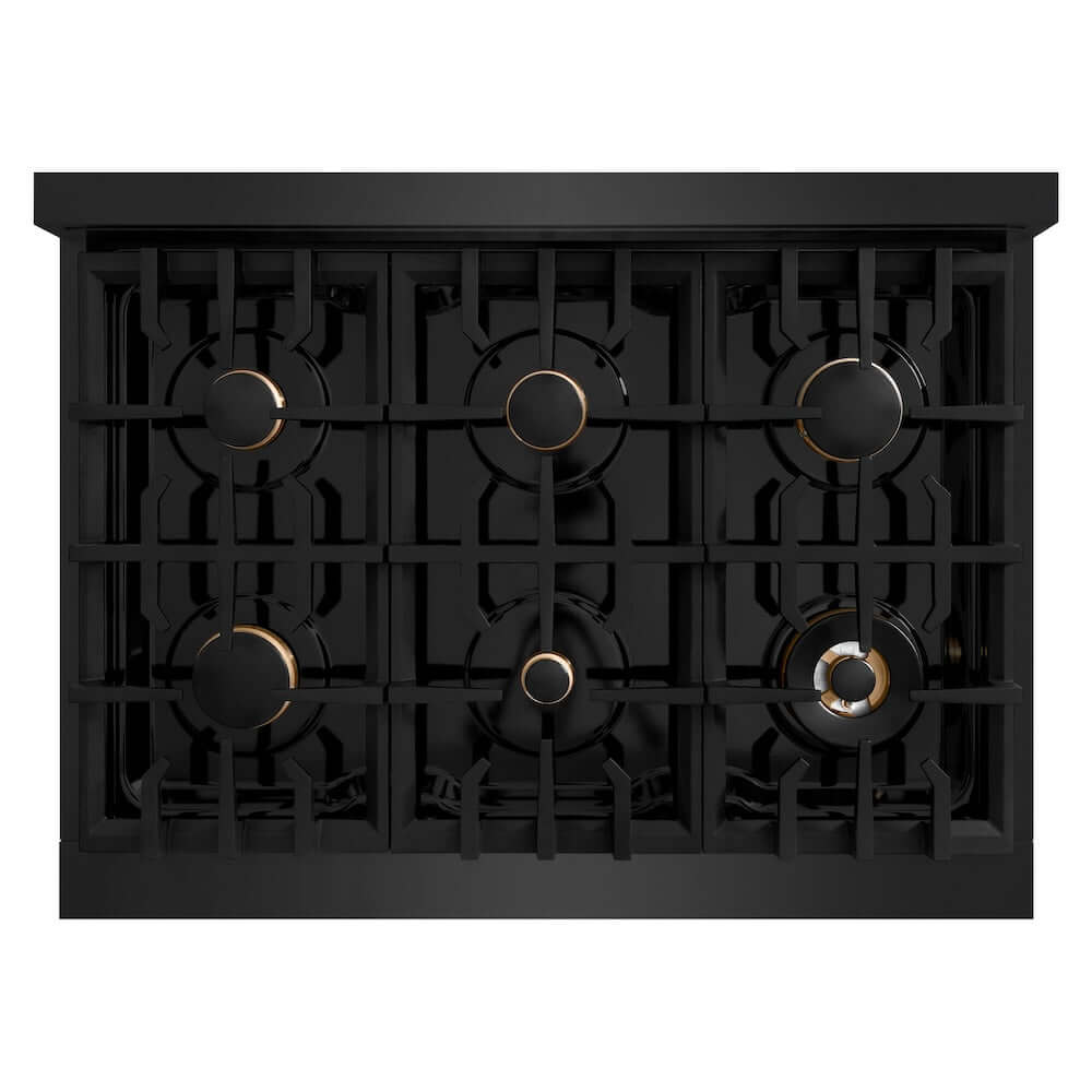 ZLINE 36 in. 5.2 cu. ft. Classic Gas Range with Convection Gas Oven in Black Stainless Steel with 6 Brass Burners (CGRB-BR-36) top-down, above cooktop.