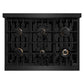 ZLINE Autograph Edition 36 in. 5.2 cu. ft. Classic Gas Range with 6 Burner Cooktop and Convection Gas Oven in Black Stainless Steel and Champagne Bronze Accents (CGRBZ-36-CB) top-down, above cooktop.