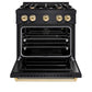 ZLINE Autograph Edition 30 in. 4.2 cu. ft. Classic Gas Range with 4 Burner Cooktop and Convection Gas Oven in Black Stainless Steel and Polished Gold Accents (CGRBZ-30-G) front, oven open.