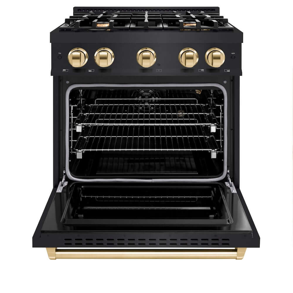 ZLINE Autograph Edition 30 in. 4.2 cu. ft. Classic Gas Range with 4 Burner Cooktop and Convection Gas Oven in Black Stainless Steel and Polished Gold Accents (CGRBZ-30-G) front, oven open.