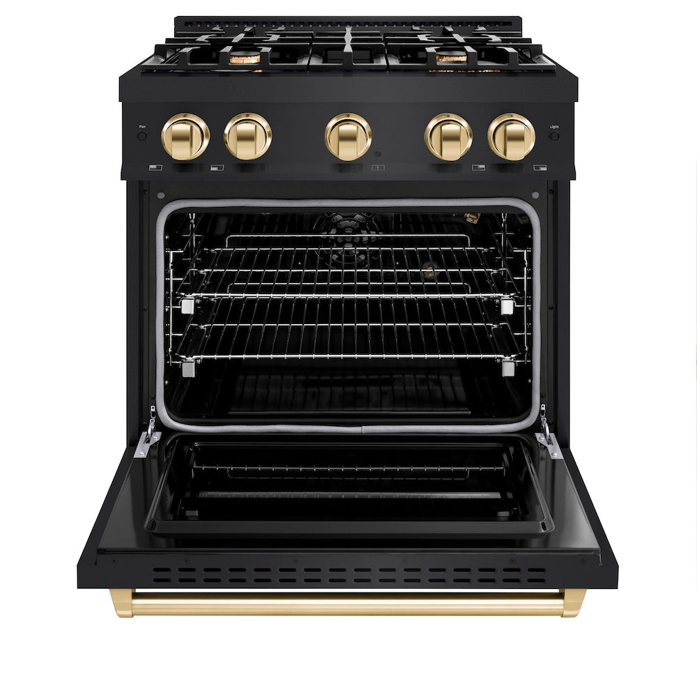 ZLINE Autograph Edition 30 in. 4.2 cu. ft. Classic Gas Range with 4 Burner Cooktop and Convection Gas Oven in Black Stainless Steel and Polished Gold Accents, Open Box-Great Condition