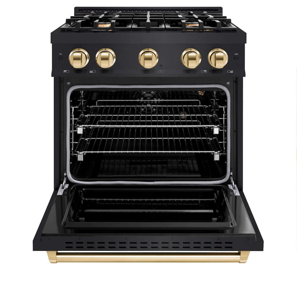 ZLINE Autograph Edition 30 in. 4.2 cu. ft. Classic Gas Range with 4 Burner Cooktop and Convection Gas Oven in Black Stainless Steel and Polished Gold Accents, Open Box-Good Condition