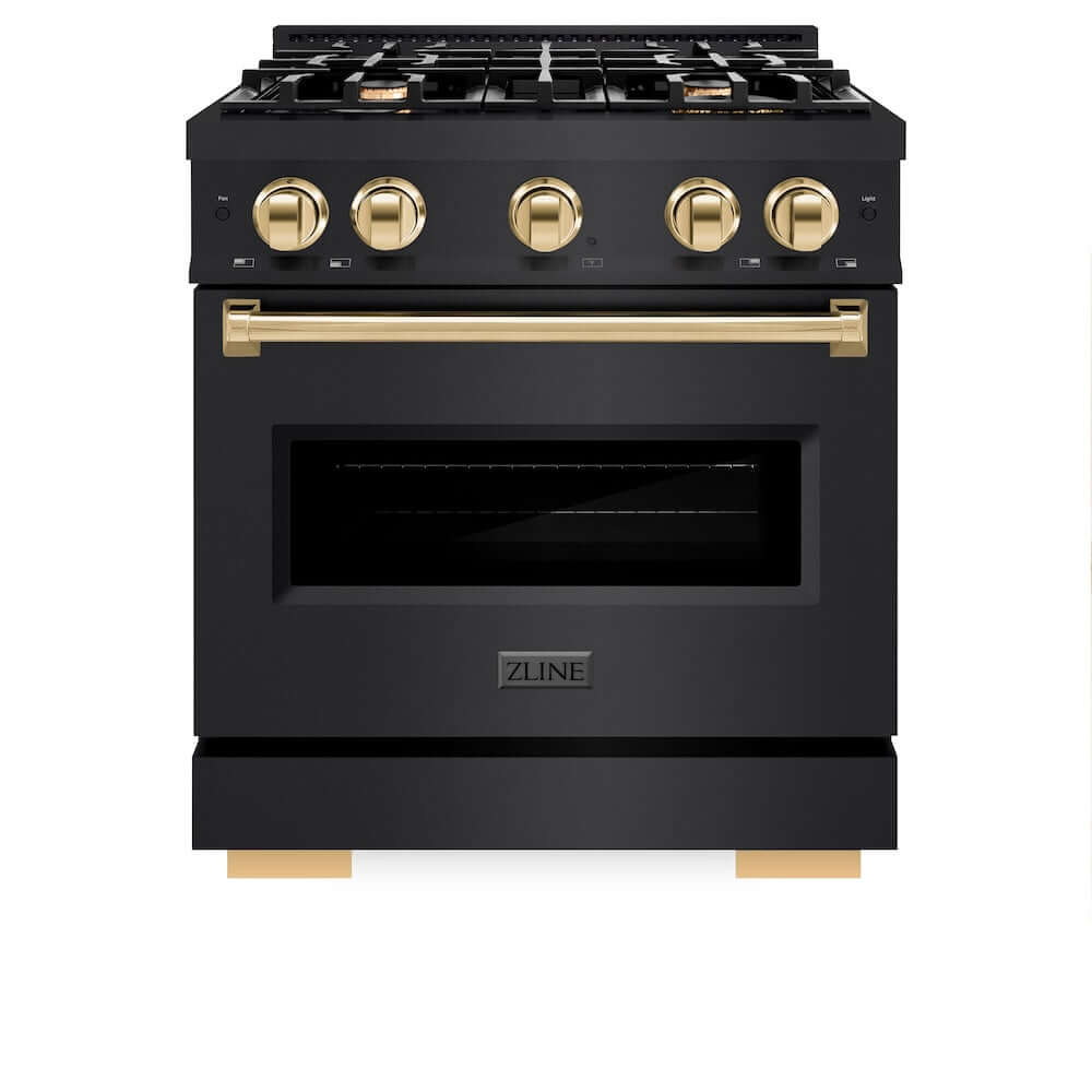 ZLINE Autograph Edition 30 in. 4.2 cu. ft. Classic Gas Range with 4 Burner Cooktop and Convection Gas Oven in Black Stainless Steel and Polished Gold Accents (CGRBZ-30-G) front, oven closed.