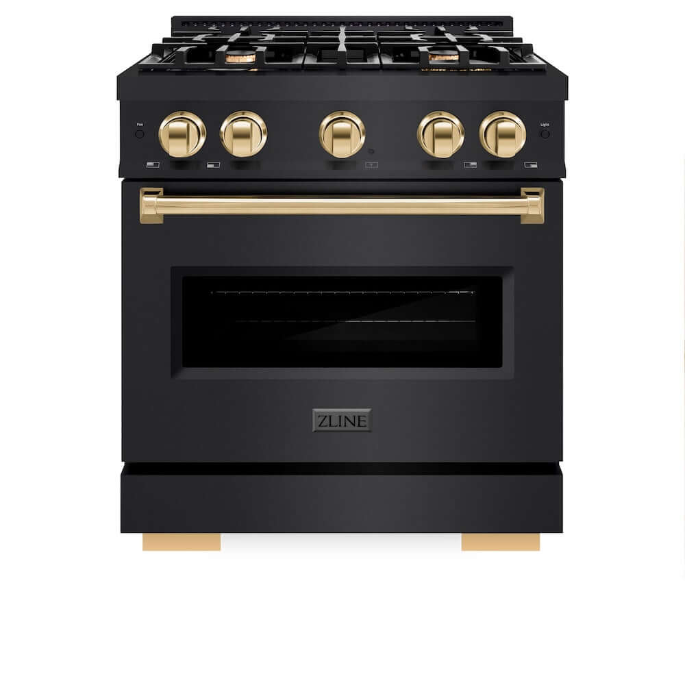 ZLINE Autograph Edition 30 in. 4.2 cu. ft. Classic Gas Range with 4 Burner Cooktop and Convection Gas Oven in Black Stainless Steel and Polished Gold Accents, Open Box-Good Condition