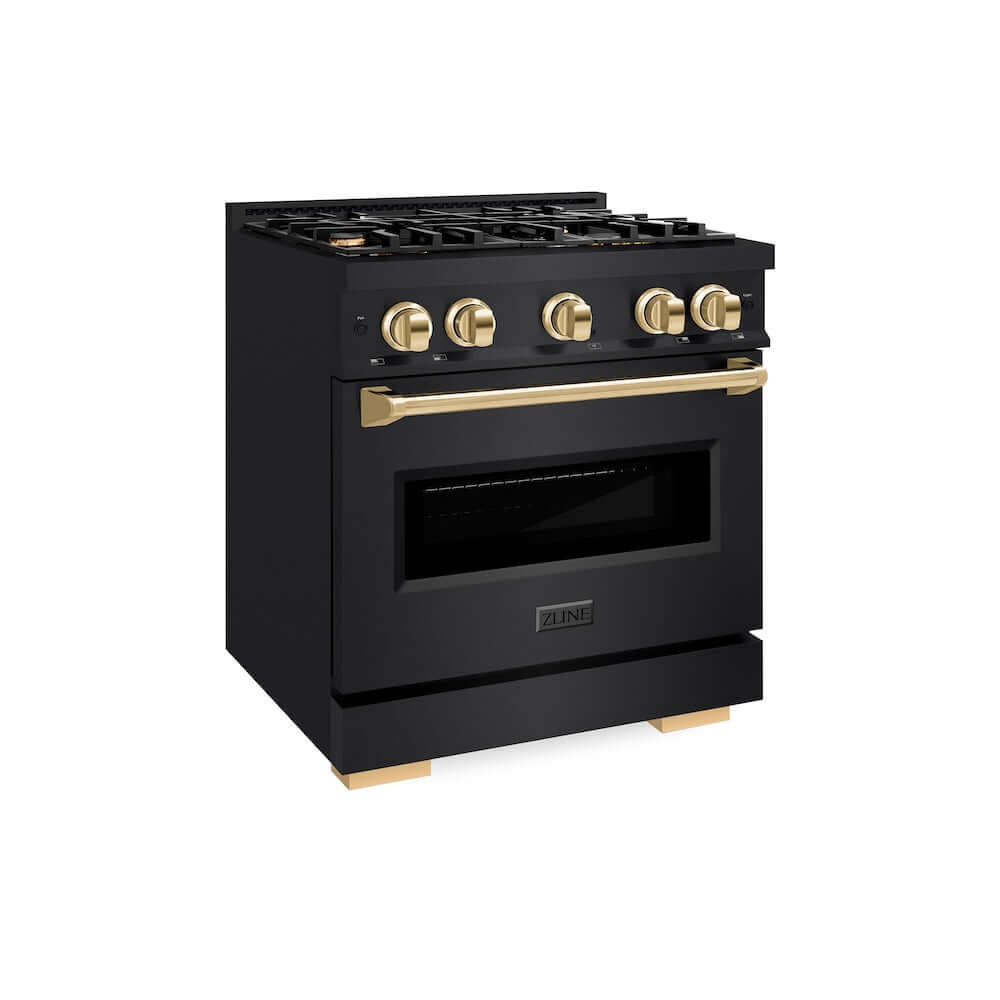 ZLINE Autograph Edition 30 in. 4.2 cu. ft. Classic Gas Range with 4 Burner Cooktop and Convection Gas Oven in Black Stainless Steel and Polished Gold Accents (CGRBZ-30-G)