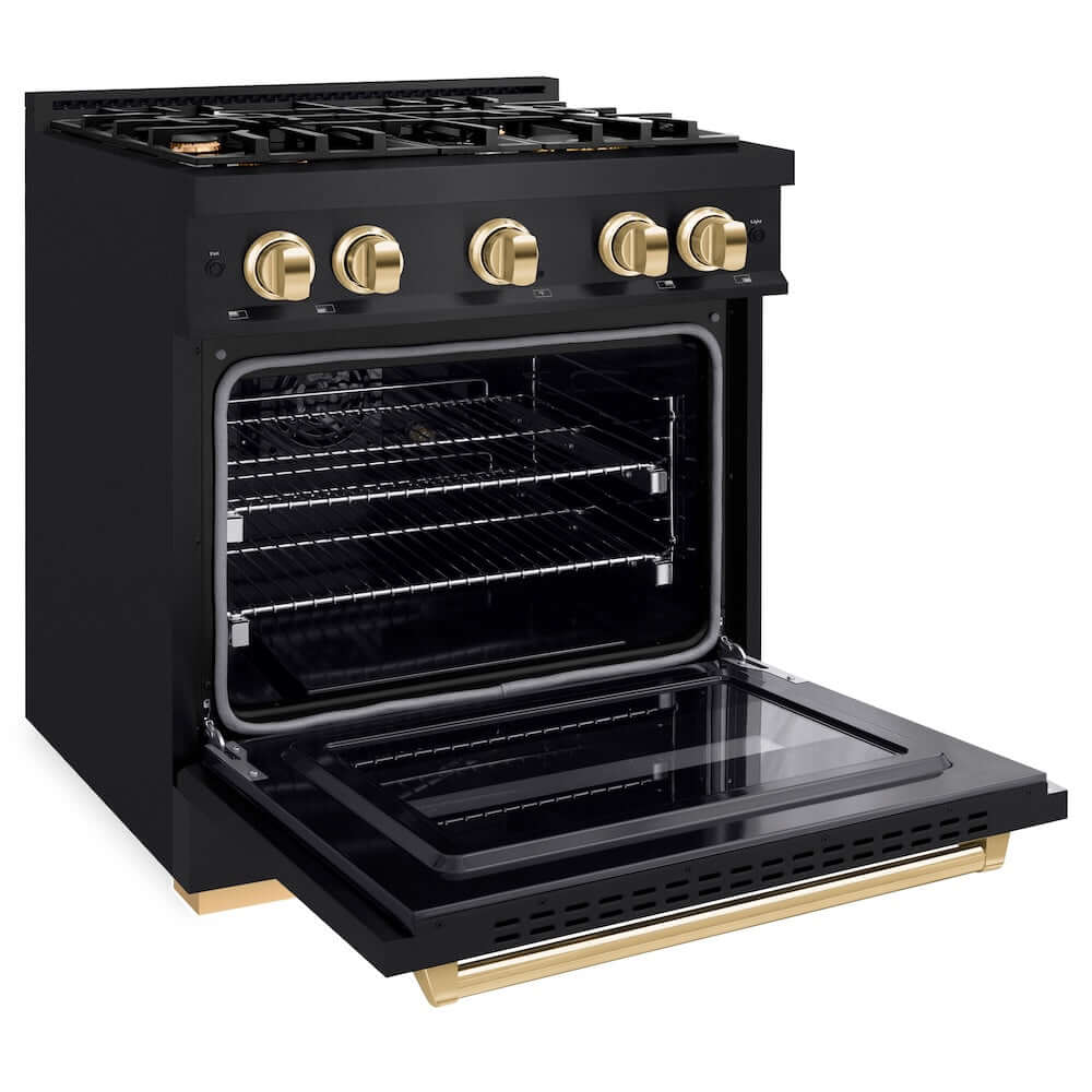 ZLINE Autograph Edition 30 in. 4.2 cu. ft. Classic Gas Range with 4 Burner Cooktop and Convection Gas Oven in Black Stainless Steel and Polished Gold Accents, Open Box-Good Condition