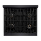 ZLINE Autograph Edition 30 in. 4.2 cu. ft. Classic Gas Range with 4 Burner Cooktop and Convection Gas Oven in Black Stainless Steel and Polished Gold Accents (CGRBZ-30-G) top-down, above cooktop.