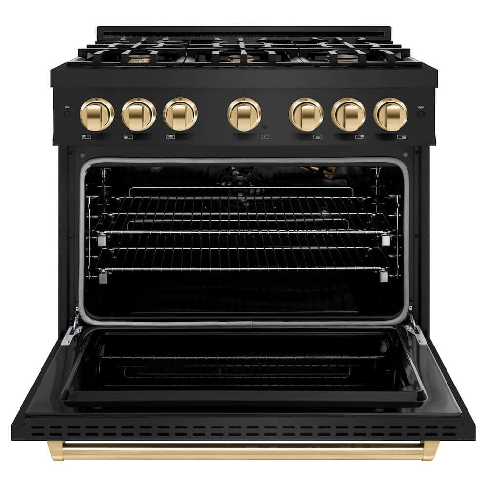 ZLINE Autograph Edition 36 in. 5.2 cu. ft. Classic Gas Range with 6 Burner Cooktop and Convection Gas Oven in Black Stainless Steel and Polished Gold Accents, Open Box-Good Condition