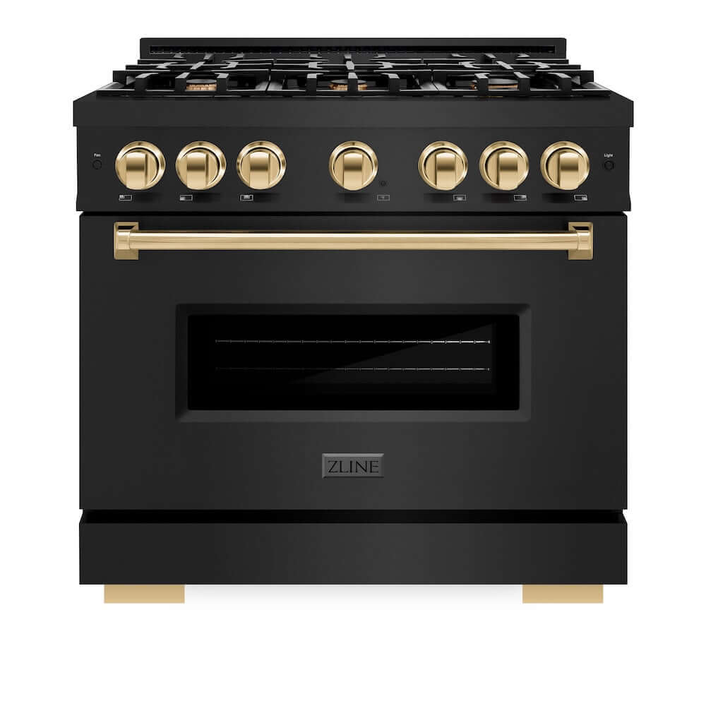 ZLINE Autograph Edition 36 in. 5.2 cu. ft. Classic Gas Range with 6 Burner Cooktop and Convection Gas Oven in Black Stainless Steel and Polished Gold Accents, Open Box-Good Condition